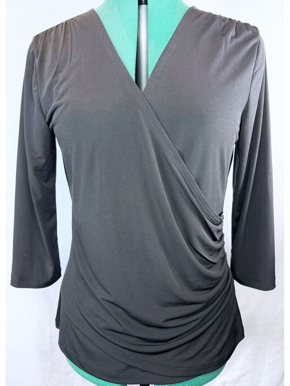 Coldwater Creek Women’s Small Black Faux-Wrap Ruched Stretch Top